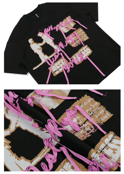 Ribbon Portrait Graphic Oversize Short Sleeve T-Shirt WN26335