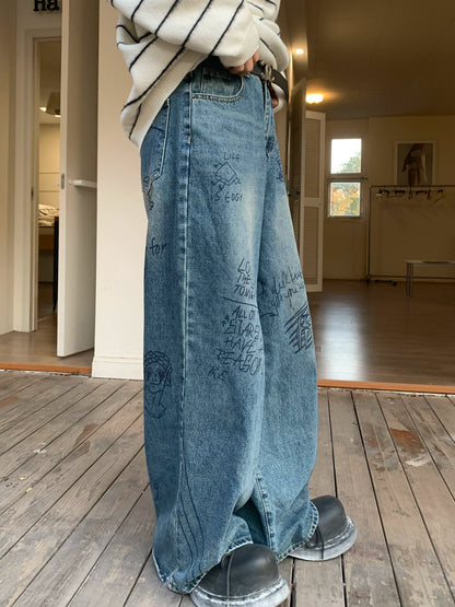 Graffiti Design Washed Wide Leg Denim Jeans WN19851