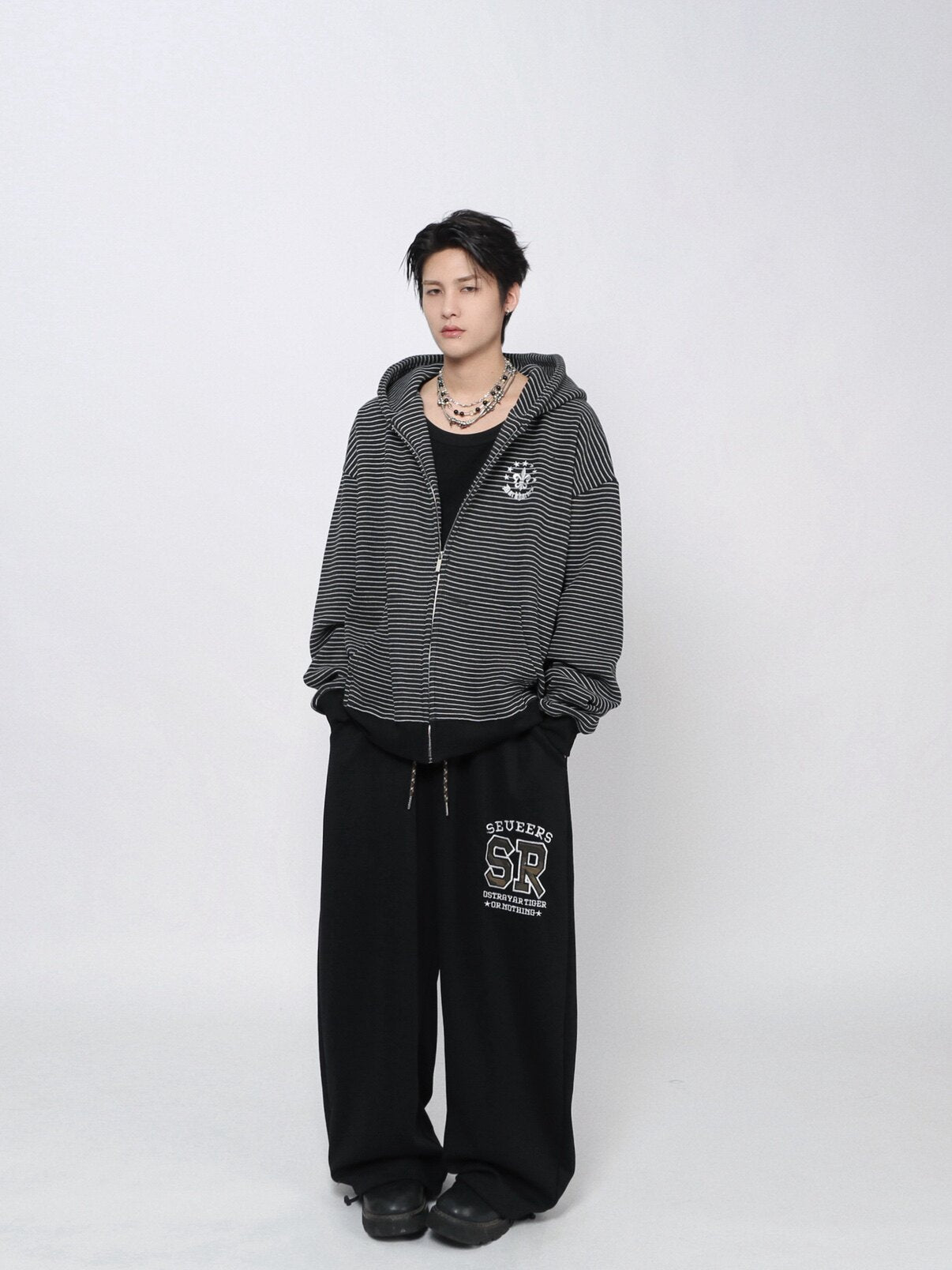 Stripe Embroidery Oversize Zipper Hoodie WN24421