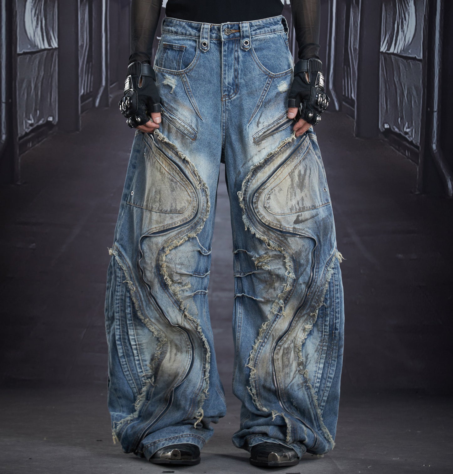 Extra Long Zipper Wash Damage Fringe Barrel Denim Jeans WN22863