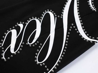 Metal Stud Graffiti Letter Print Curved Wide Leg Sweatpants WN27905