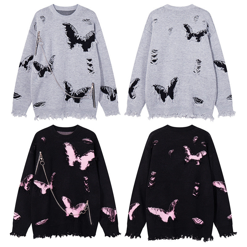 Asymmetric Butterfly Jacquard Chain Detail Knit Sweater WN11513