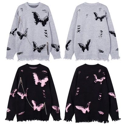 Asymmetric Butterfly Jacquard Chain Detail Knit Sweater WN11513