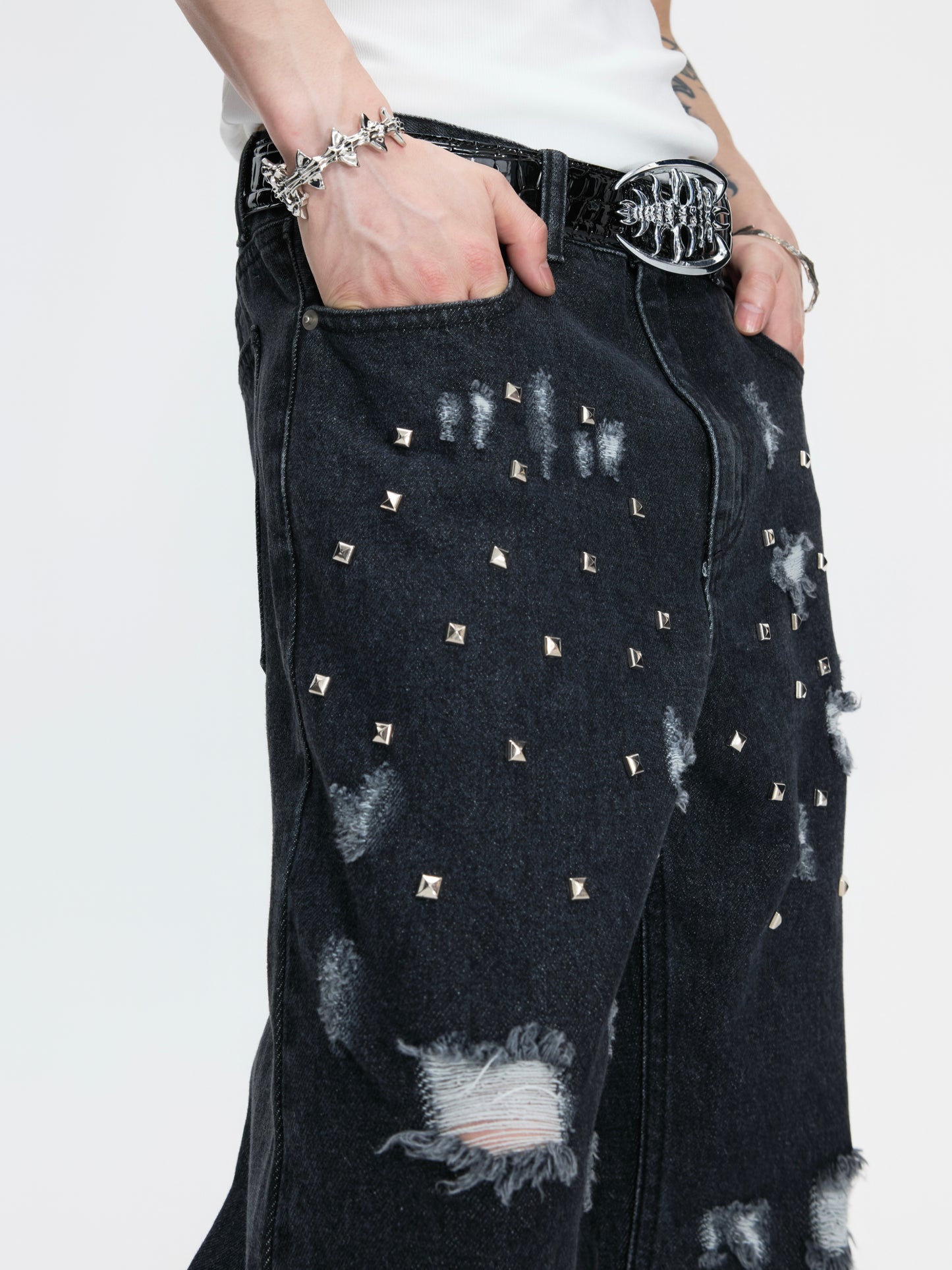 Stud Ripped Wide Leg Denim Jeans WN27007