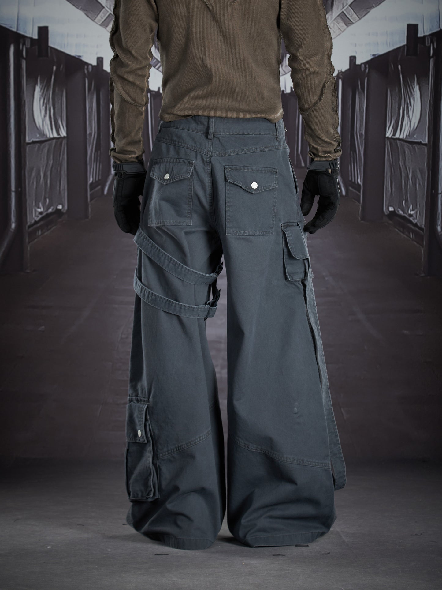 Detachable Hip Bag Ribbon Patchwork Multi Pocket Straight Cargo Pants WN22915