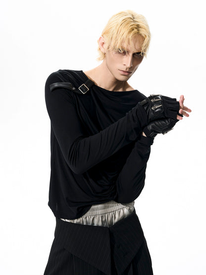 Crinkled PU Leather Design Long Sleeve T-Shirt WN21768