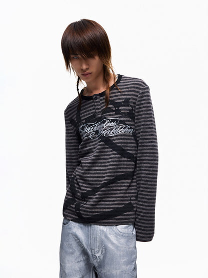 Striped Glitter Print Henley Long Sleeve T-Shirt WN27349