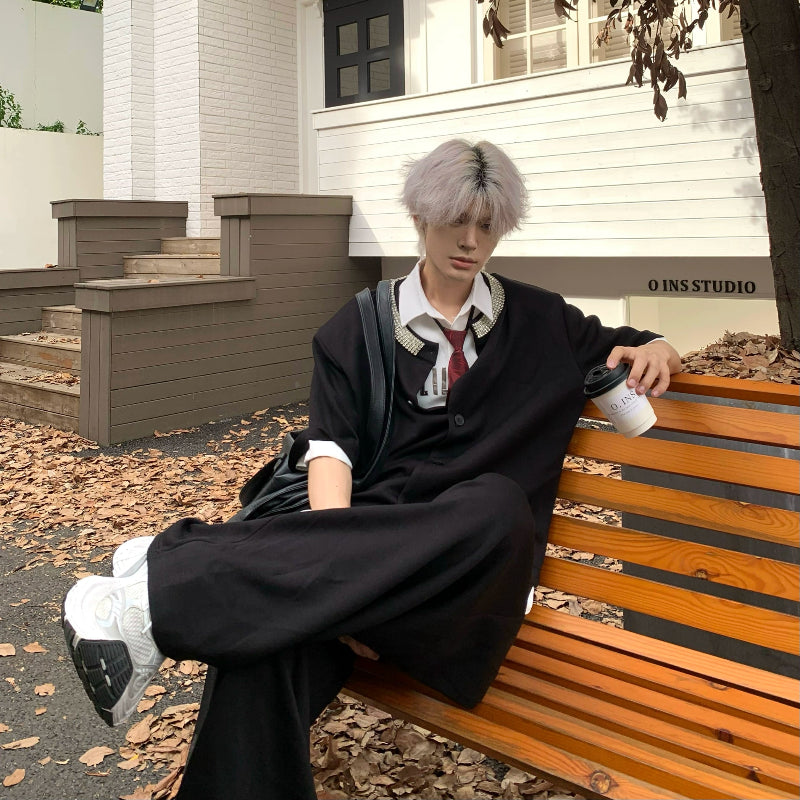 Hand-Beaded Short Sleeve Shirt & Wide Leg Sweatpants Setup WN19813