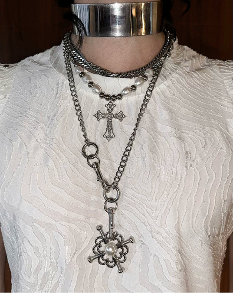 Layered Cross Flower Pendant Necklace WN25098
