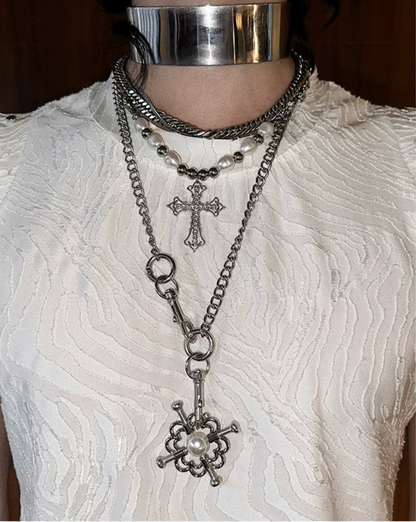 Layered Cross Flower Pendant Necklace WN25098