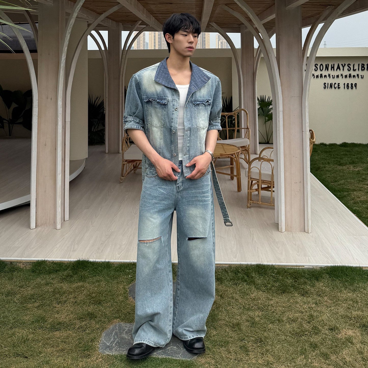 Washed Denim Short Sleeve Shirt & Damage Wide Leg Denim Jeans Setup WN24877