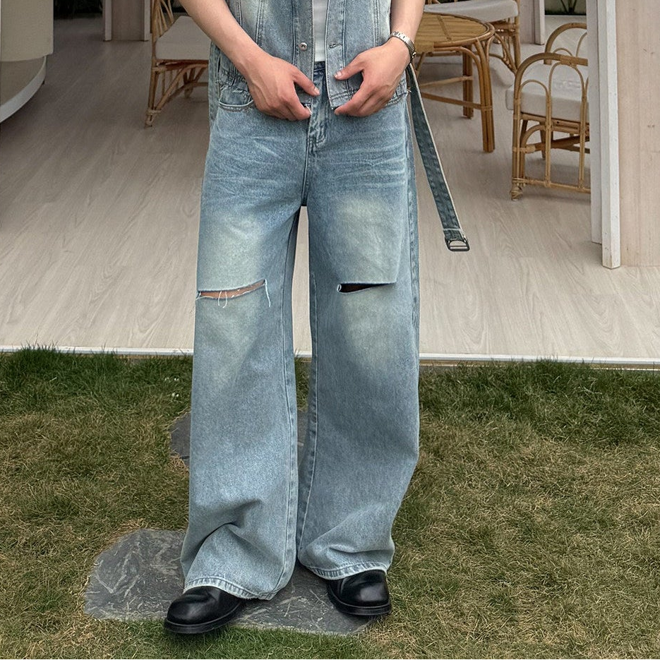 Washed Denim Short Sleeve Shirt & Damage Wide Leg Denim Jeans Setup WN24877