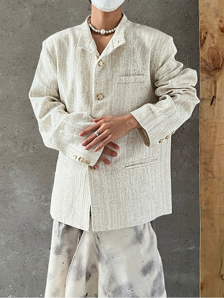 Standing-Collar Linen Jacquard Tailored Jacket WN20028