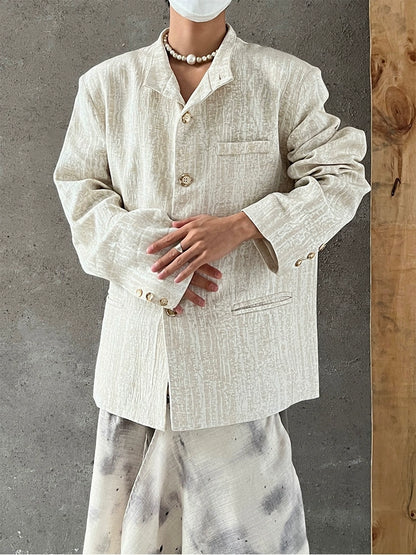 Standing-Collar Linen Jacquard Tailored Jacket WN20028