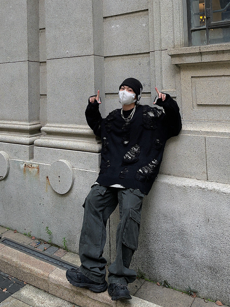 Hole Design Fake Layered Oversize Knit Sweater WN24385