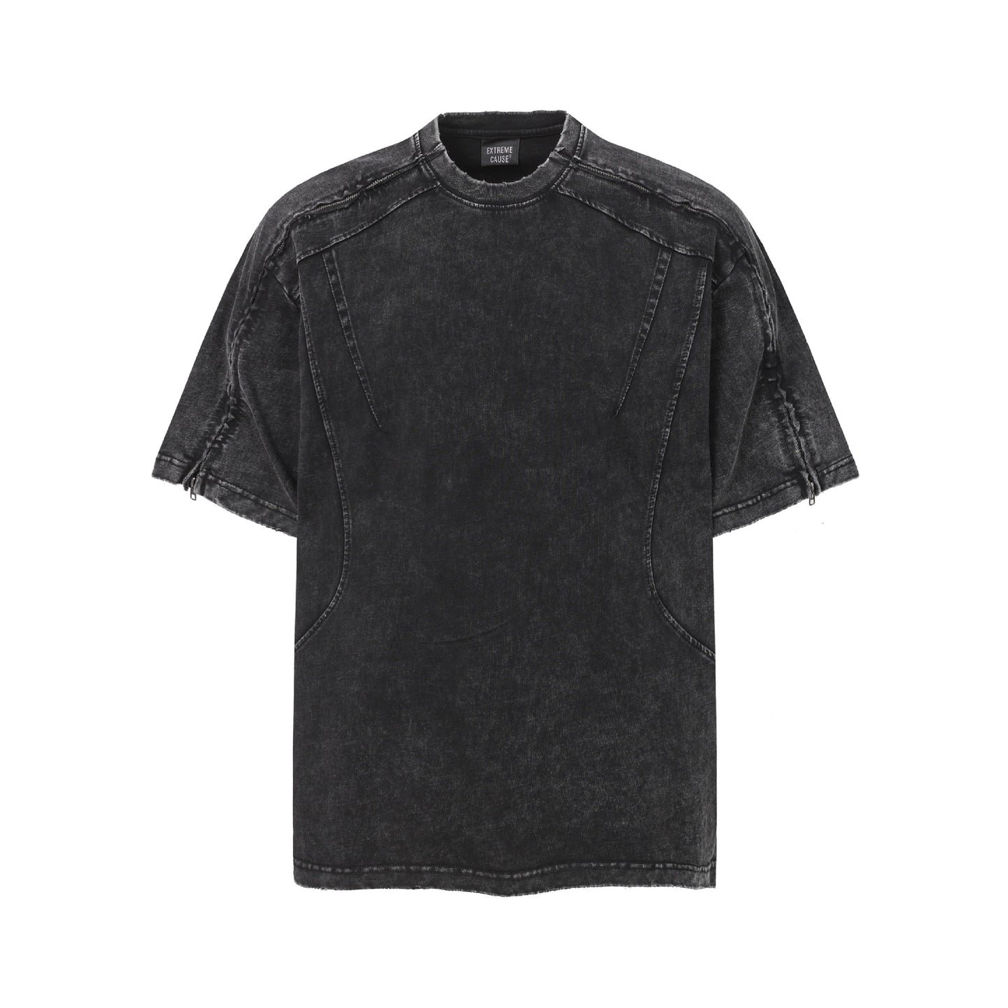 Washed Panel Design Zipper Detail Short Sleeve T-Shirt WN25377