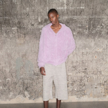 Oversize Zipper Fake Fur Short Knit Hoodie WN21319