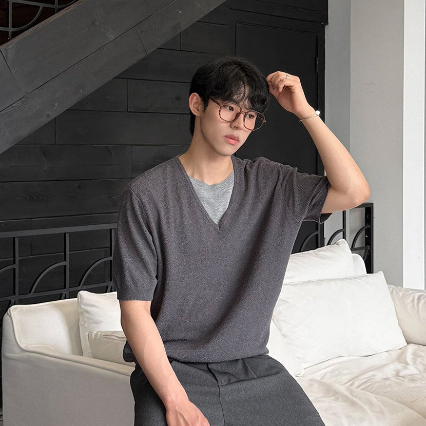 Fake Layered V-Neck Short Sleeve Summer Knit Sweater WN25035