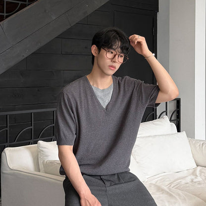 Fake Layered V-Neck Short Sleeve Summer Knit Sweater WN25035