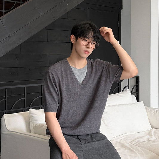 Fake Layered V-Neck Short Sleeve Summer Knit Sweater WN25035