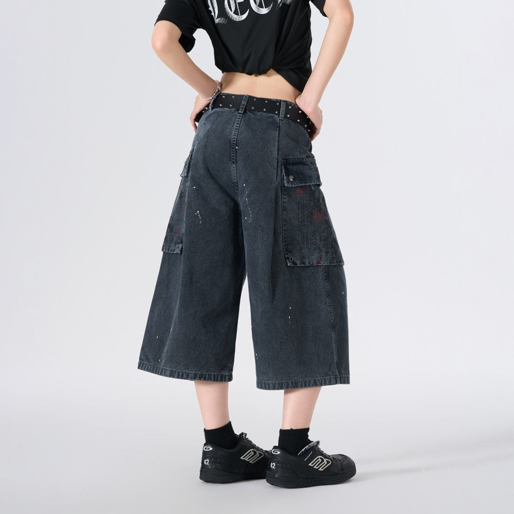 Denim Paint Splatter Multi-Pocket Wide Leg Half Pants WN27938