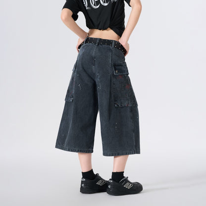 Denim Paint Splatter Multi-Pocket Wide Leg Half Pants WN27938