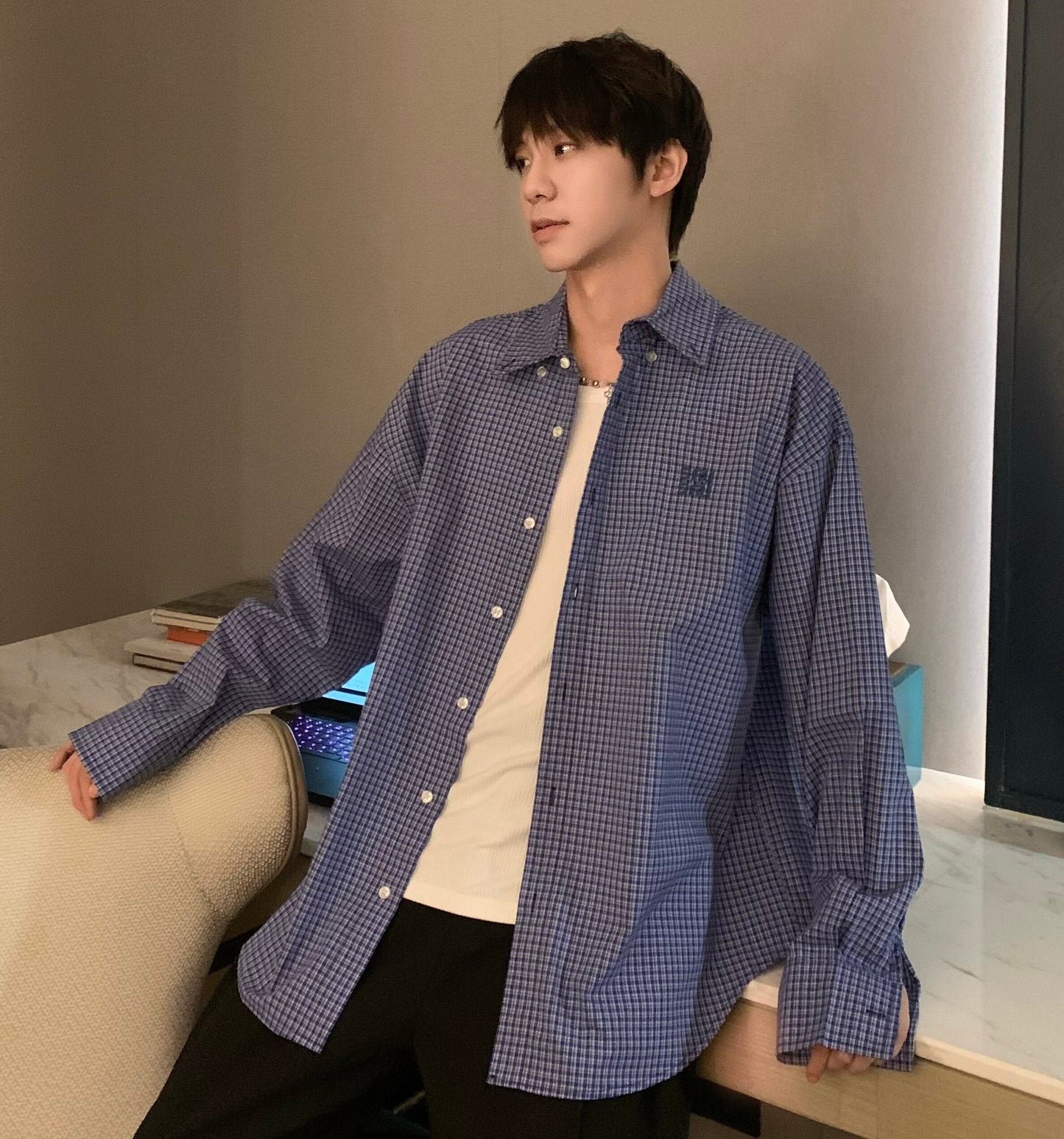 Plaid Embroidery Long Sleeve Shirt WN25350