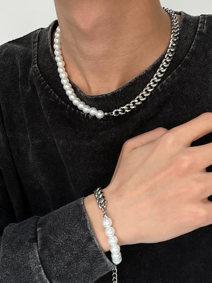 Pearl Cuban Chain Titanium Steel Necklace & Bracelet & Pendant WN19223