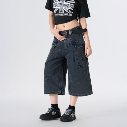 Denim Paint Splatter Multi-Pocket Wide Leg Half Pants WN27938
