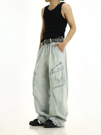 Large Pocket Wide Leg Straight Denim Jeans WN8270