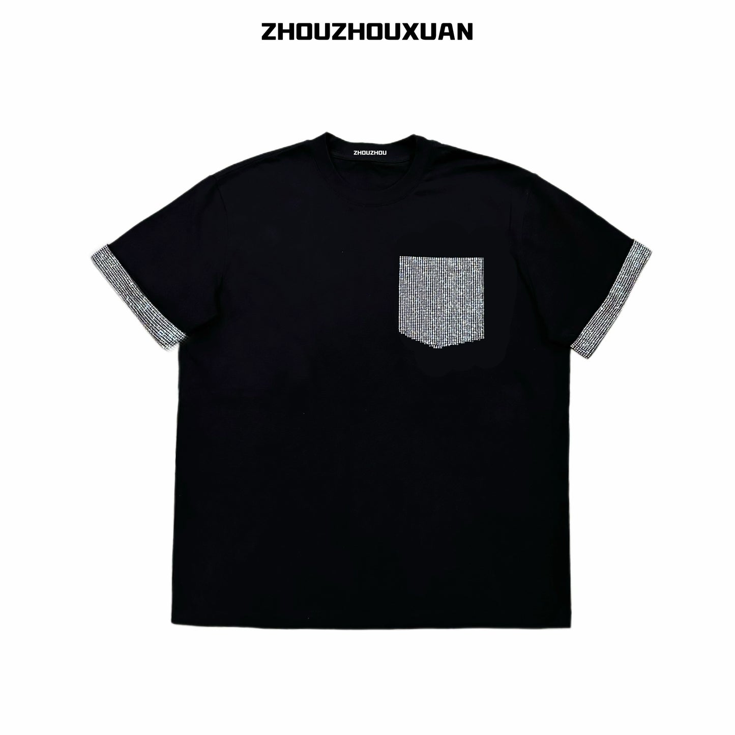 Color Black Rhinestone Pocket Short Sleeve T-Shirt WN20700