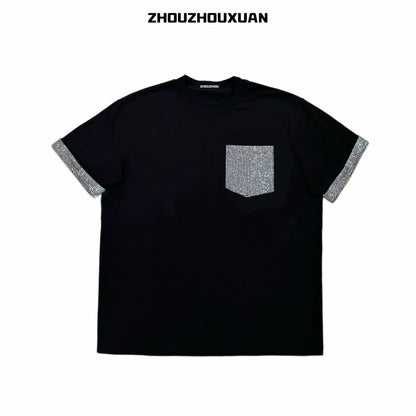 Color Black Rhinestone Pocket Short Sleeve T-Shirt WN20700