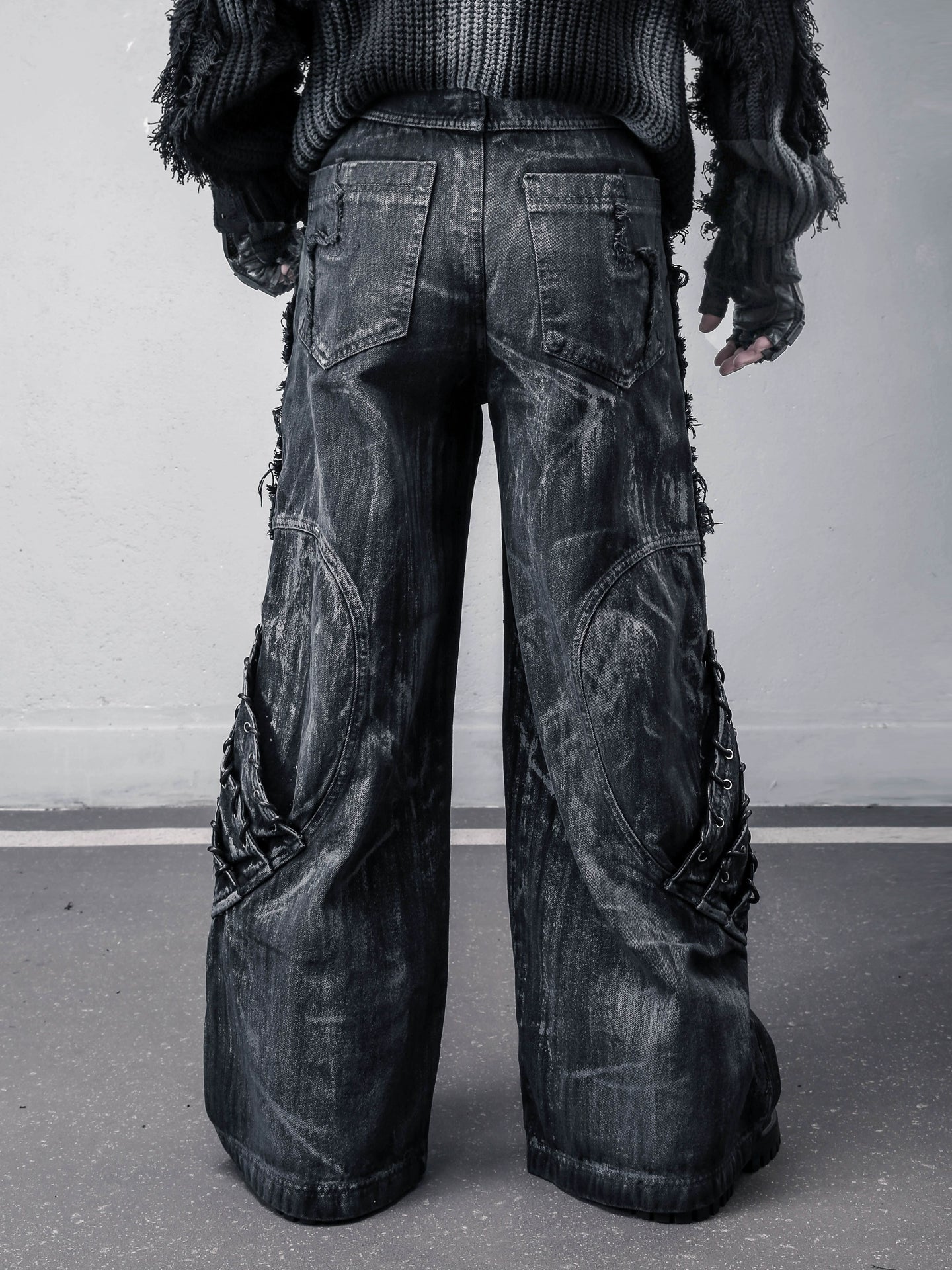Damage Wash Mix Patch Deconstruct Wide Leg Denim Jeans WN22413