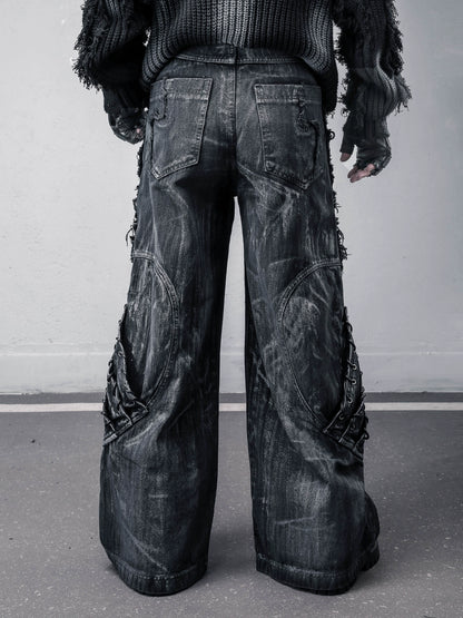 Damage Wash Mix Patch Deconstruct Wide Leg Denim Jeans WN22413