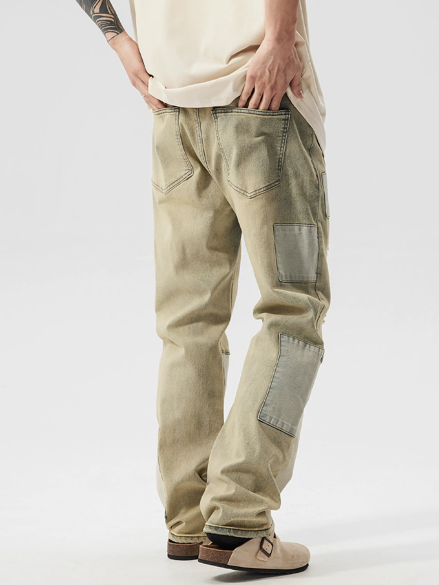 Patchwork Damage Straight Denim Jeans WN17483