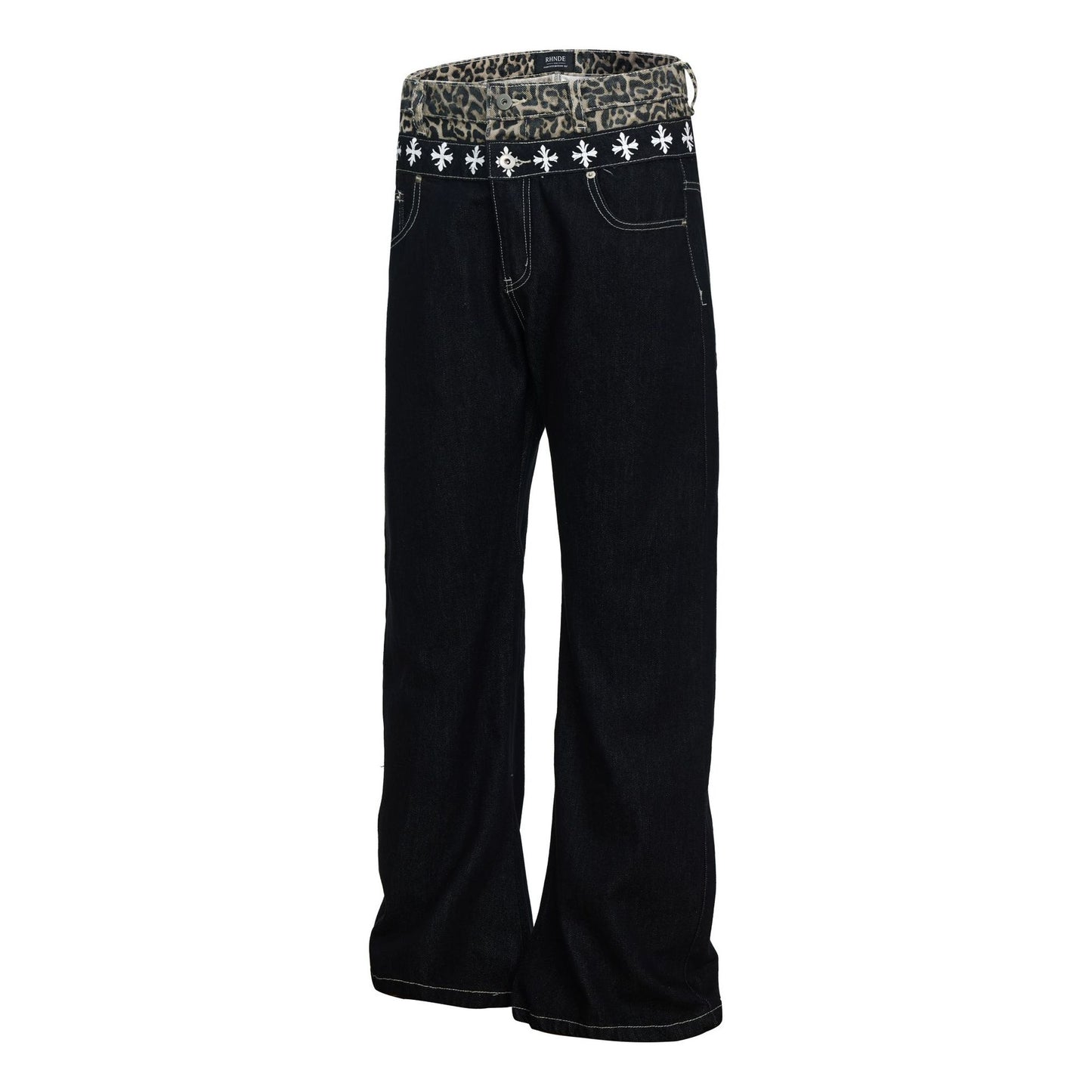 Color Block Embroidery Wide Leg Curved Denim Jeans WN25864
