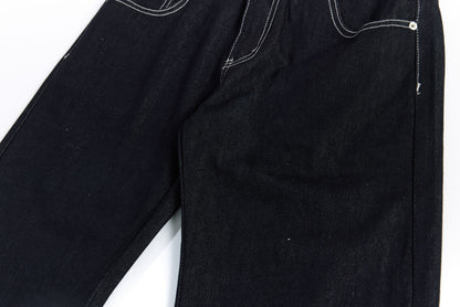 Color Block Embroidery Wide Leg Curved Denim Jeans WN25864