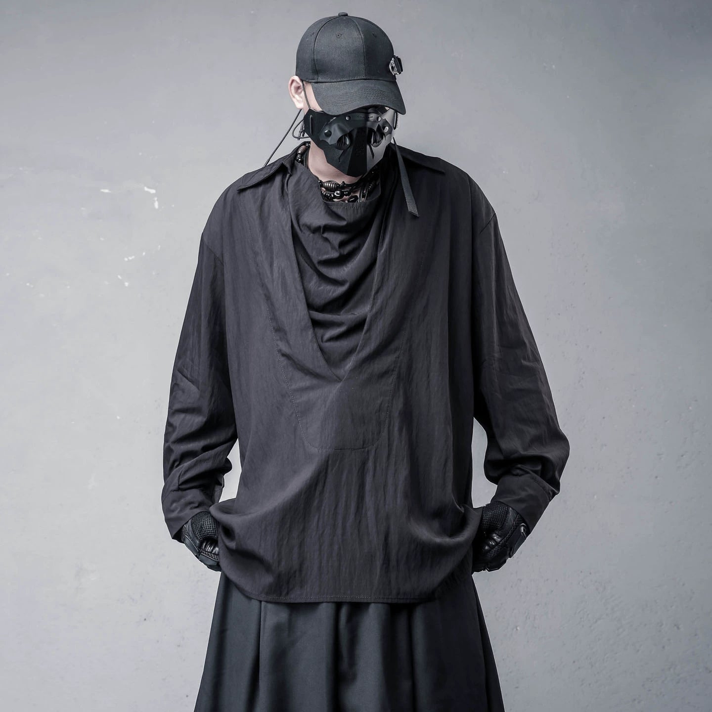 Draped High-Neck Fake Layered Long Sleeve Shirt & Functional Multi-Pocket Waist Bag WN22458