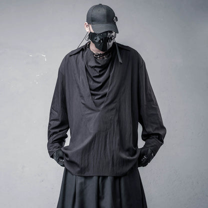 Draped High-Neck Fake Layered Long Sleeve Shirt & Functional Multi-Pocket Waist Bag WN22458