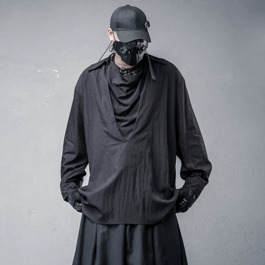 Draped High-Neck Fake Layered Long Sleeve Shirt & Functional Multi-Pocket Waist Bag WN22458