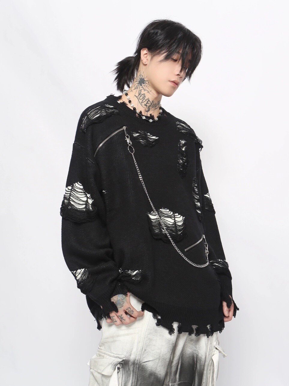 Damage Zipper Chain Detail Knit Sweater WN24497