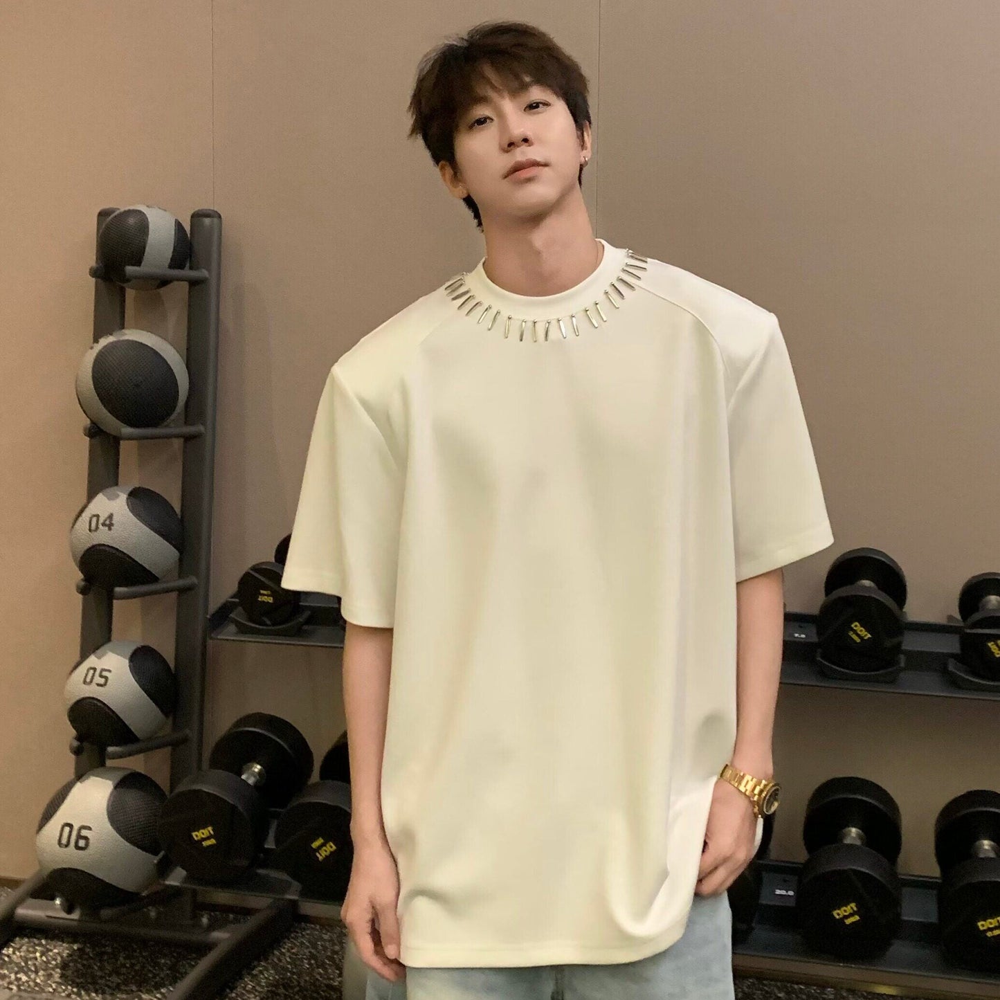 Metal Neckline Decoration Shoulder-pad Structured Short Sleeve T-Shirt WN25267