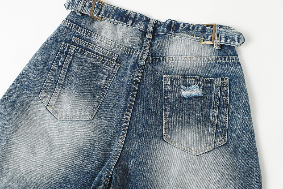 Washed Damage Splice Wide Leg Denim Jeans WN25742