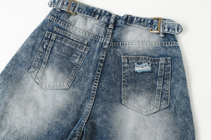 Washed Damage Splice Wide Leg Denim Jeans WN25742