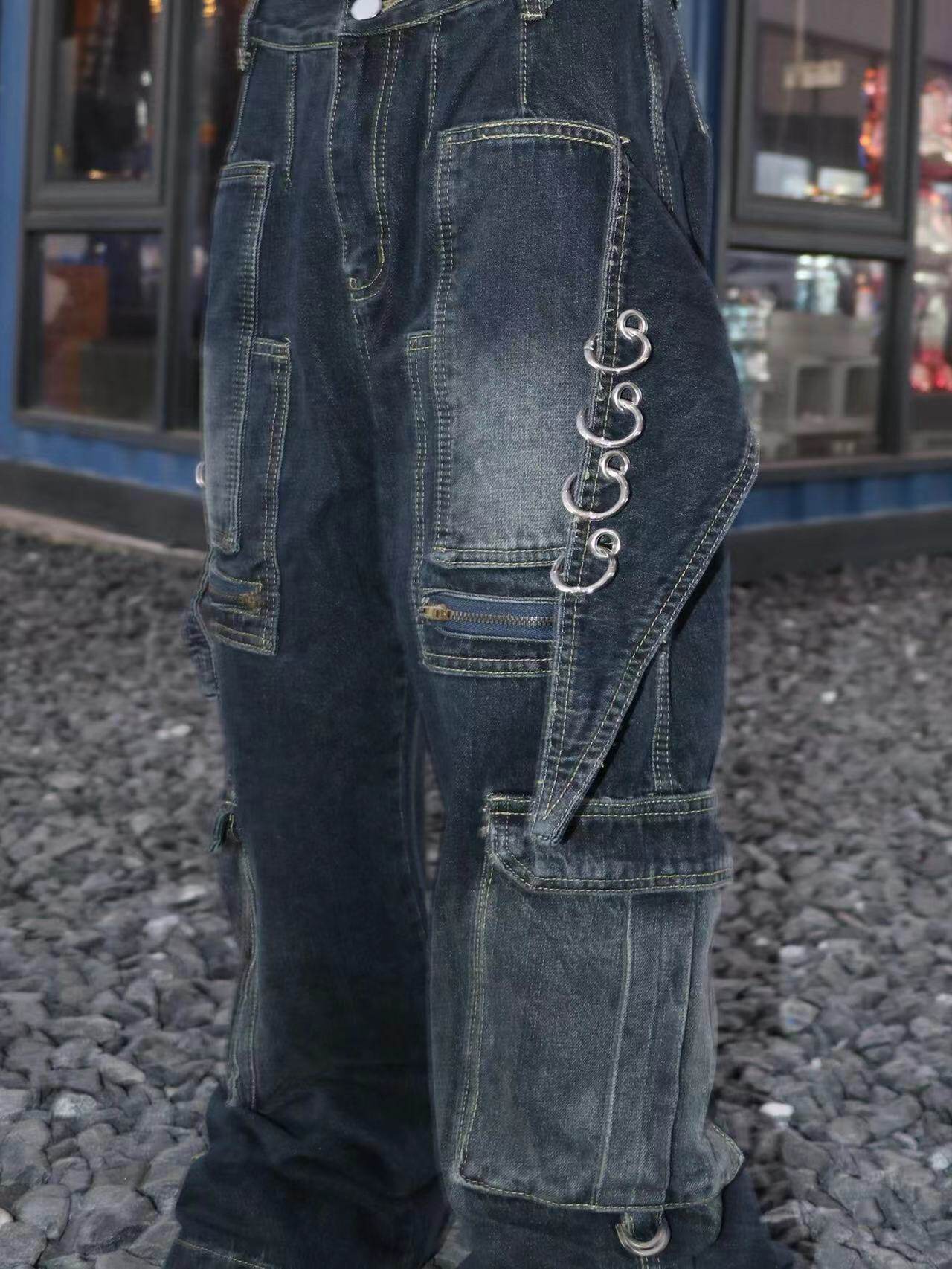 Deconstructed Pocket Washed Damage Wide Leg Cargo Denim Jeans WN24102