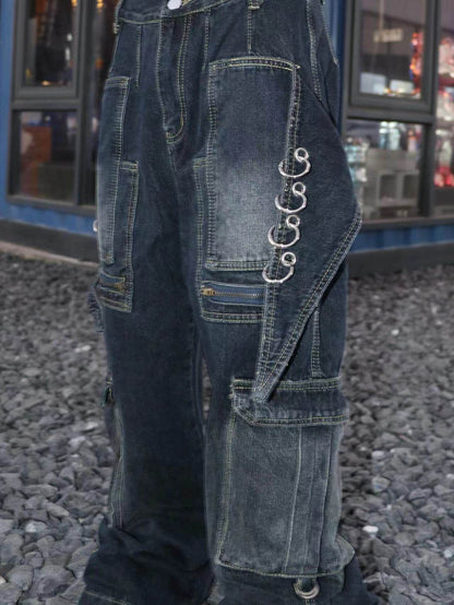 Deconstructed Pocket Washed Damage Wide Leg Cargo Denim Jeans WN24102