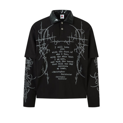 Dark Print Fake Layered Waffle Long Sleeve Polo T-Shirt WN24207
