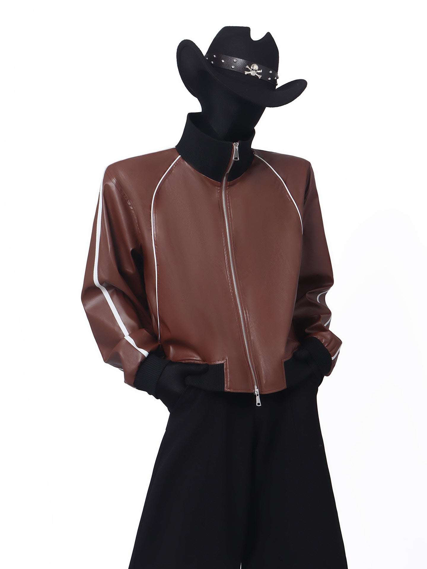 Contrast Line PU Leather Short Jacket WN23676