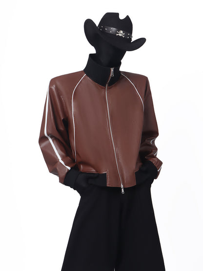 Contrast Line PU Leather Short Jacket WN23676