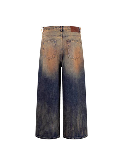 Mud Dye Washed Whisker Wide Leg Denim Jeans WN27904